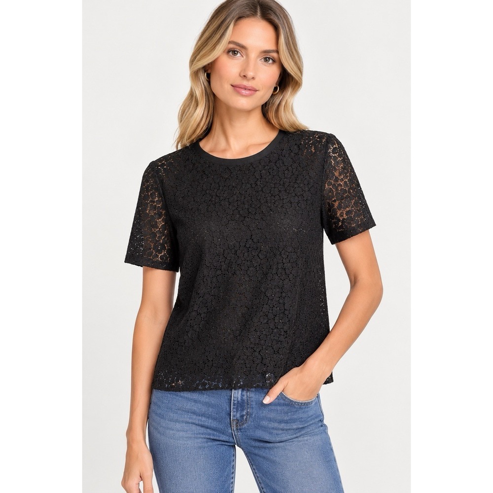 Equipment Femme Black Short Sleeve Lace Blouse Top Floral Round Neck Medium
